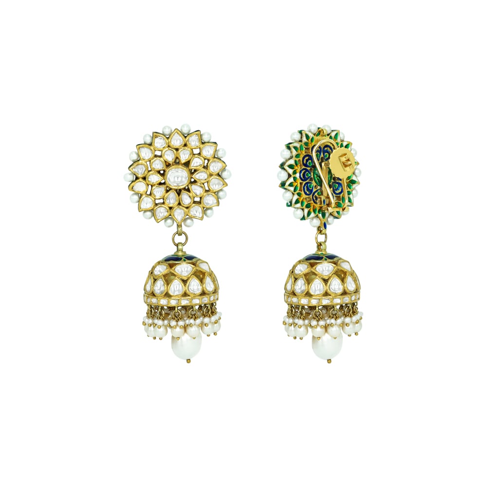 Floral Polki Jhumkas with Pearl Tassels and Dome Design